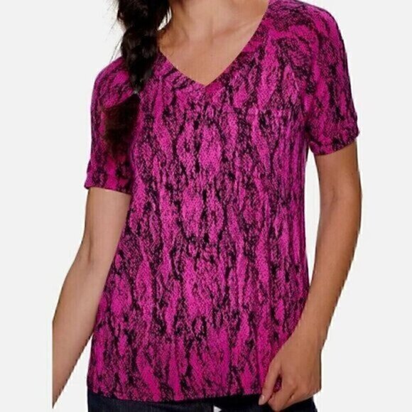 ROCK & REPUBLIC Pink Black Snakeskin Snake Animal Print V-Neck Short Sleeve Tee - Picture 1 of 11